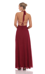 Mesh Plunge Cowl Neck Dress in Maroon
