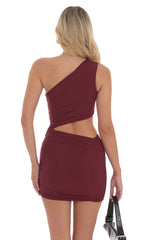 Mesh One Shoulder Cutout Dress in Maroon