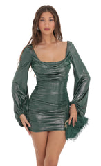 Metallic Ruched Cowl Neck Dress in Green