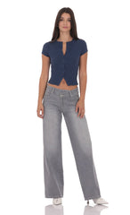 Ribbed Short Sleeve Top in Navy