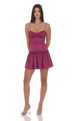 Satin Ruched Flare Dress in Magenta