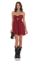 Strapless Shimmer Cutout Babydoll Dress in Burgundy
