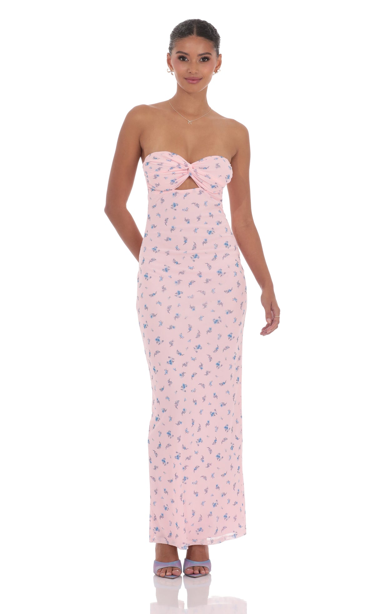 Mesh Floral Strapless Cutout Maxi Dress in Pink