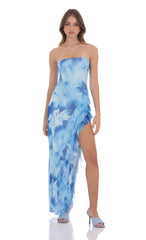 Floral Mesh Strapless Triple Ruffle Maxi Dress in Blue