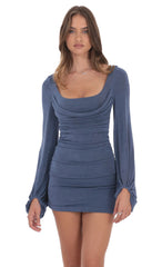Ruched Cowl Neck Dress in Denim Blue