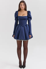 midnight satin puff sleeve mini dress