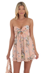 Floral Shimmer Cutout Babydoll Dress in Pink