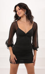 Chiffon Sheer Long Sleeve Dress in Black