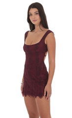 Lace Open Back Bodycon Dress in Burgundy