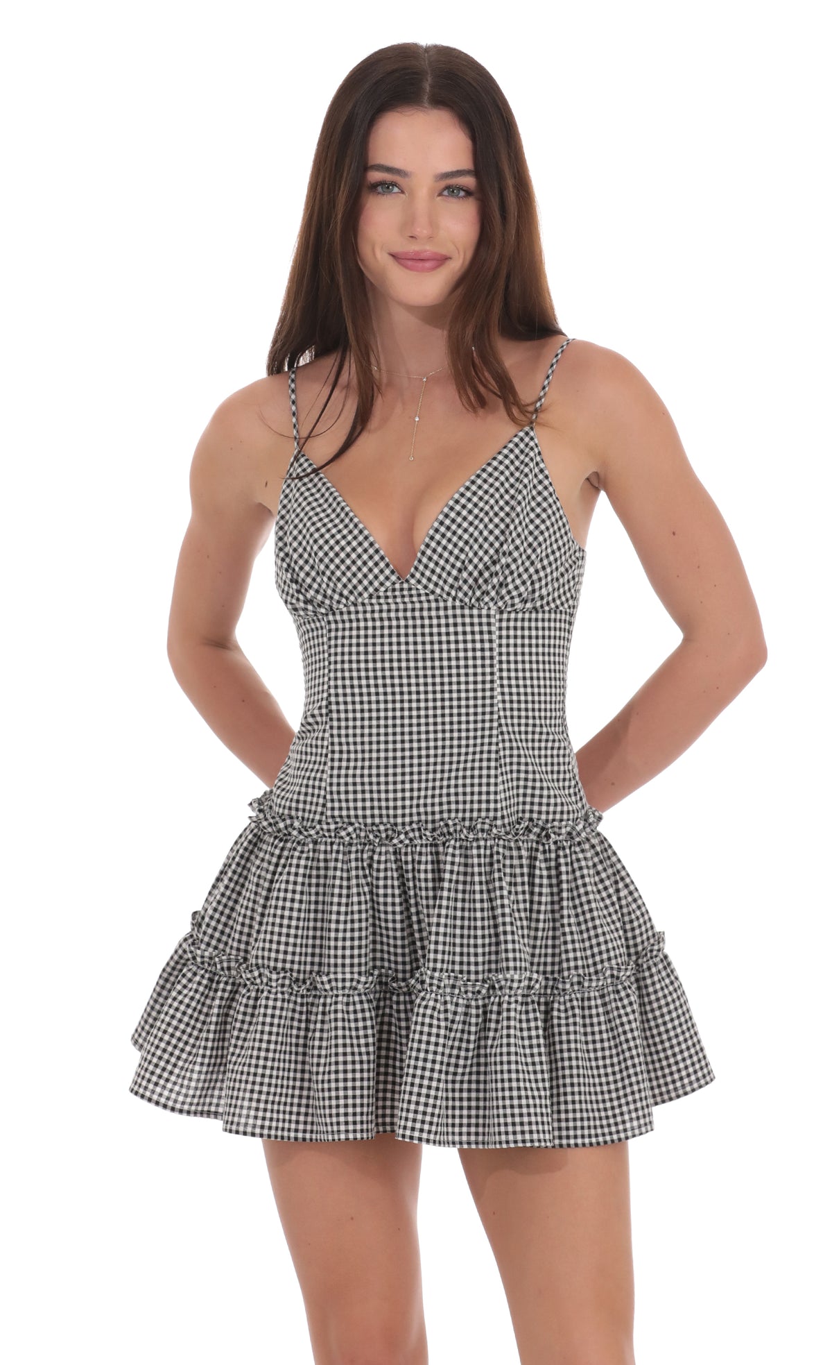 Gingham V-Neck Dress in Black and White