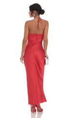 Satin Halter Flower Maxi Dress in Red