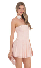 Mesh Ruched A-Lined Dress in Pink