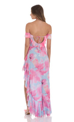 Off Shoulder Floral Maxi Dress in Pink and Blue