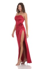 Flower Satin Draped Strapless Maxi Dress in Red
