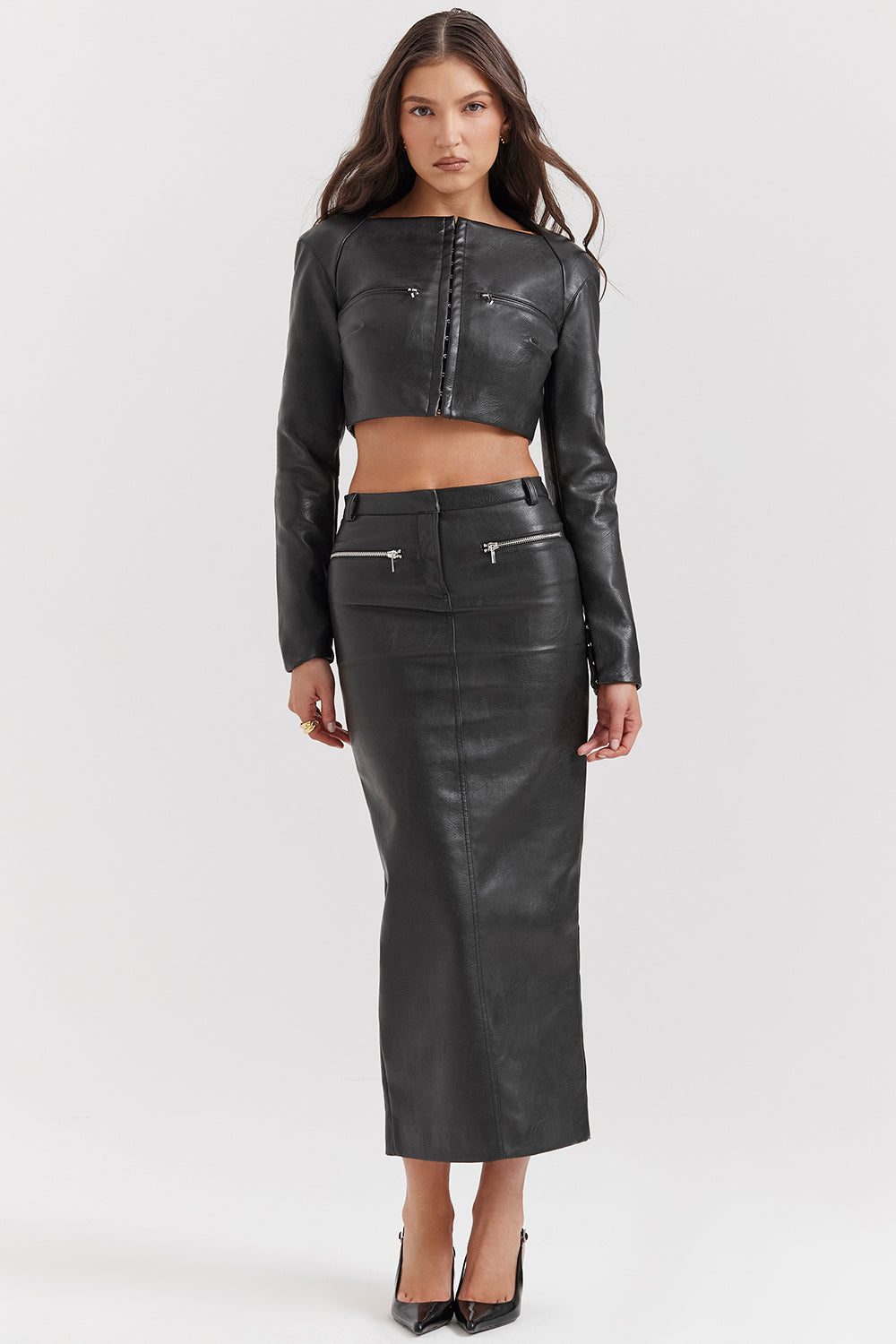 black vegan leather maxi skirt