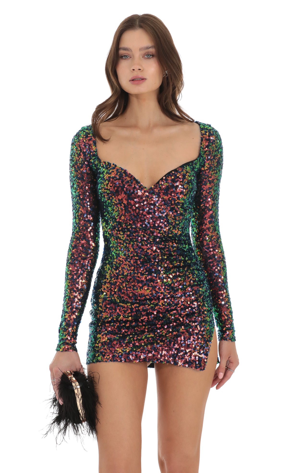Sequin Long Sleeve Dress in Rainbow Chrome