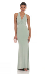 Front Twist V-Neck Maxi Dress in Sage