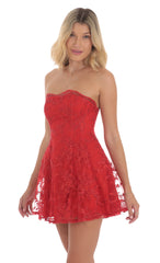 Embroidered Floral Strapless Dress in Red
