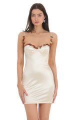 Floral Embroidered Trim Satin Dress in Cream