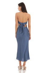 Satin Twist Cutout Midi Dress in Navy