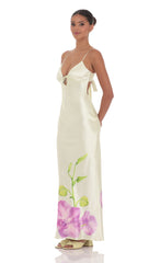 Satin Front Tie Floral Maxi Dress in Pastel Green