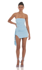 Strapless Ruched Tassel Dress in Blue