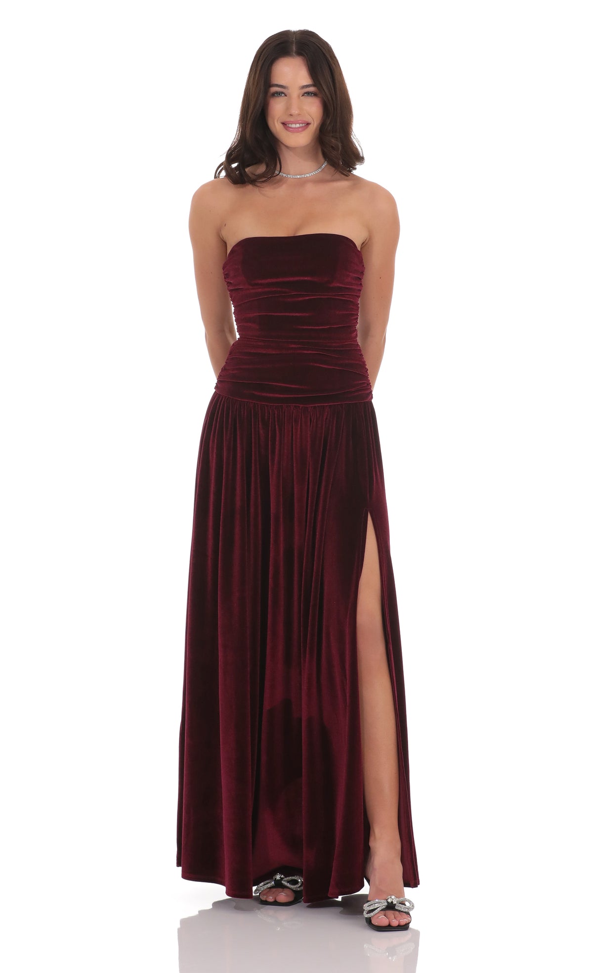 Velvet Ruched Drop Waist Maxi Dress in Wine