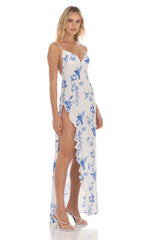 Floral Ruffle Slit Maxi Dress in White