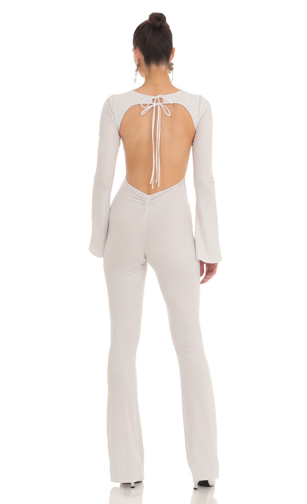 Silver Shimmer Open Back Jumpsuit in White
