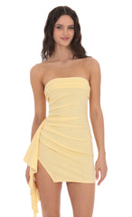 Strapless Ruched Tassel Dress in Yellow