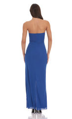 Mesh Cutout Ruffle Maxi Dress in Blue