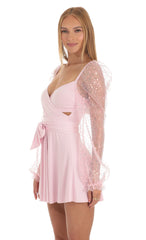 Sequin Puff Wrap Dress in Pink