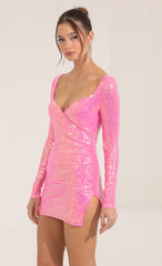 Iridescent Sequin Long Sleeve Dress in Pink