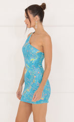 Galaxy Foil Print Bodycon Dress in Blue