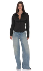 Satin Button-Up Shirt in Black