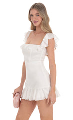 Satin Ruffle Mini Dress in White