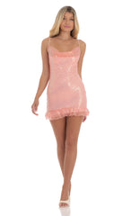 Iridescent Sequin Slip Dress in Coral