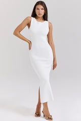 white stretch knit maxi dress
