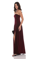 Velvet Ruched Drop Waist Maxi Dress in Wine