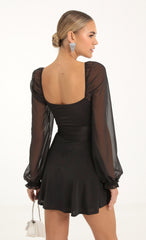 Puff Chiffon Wrap Dress in Black