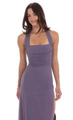 Halter Ruched Maxi Dress in Purple Smoke