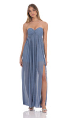 Pleated Shimmer Twist Maxi Dress in Blue