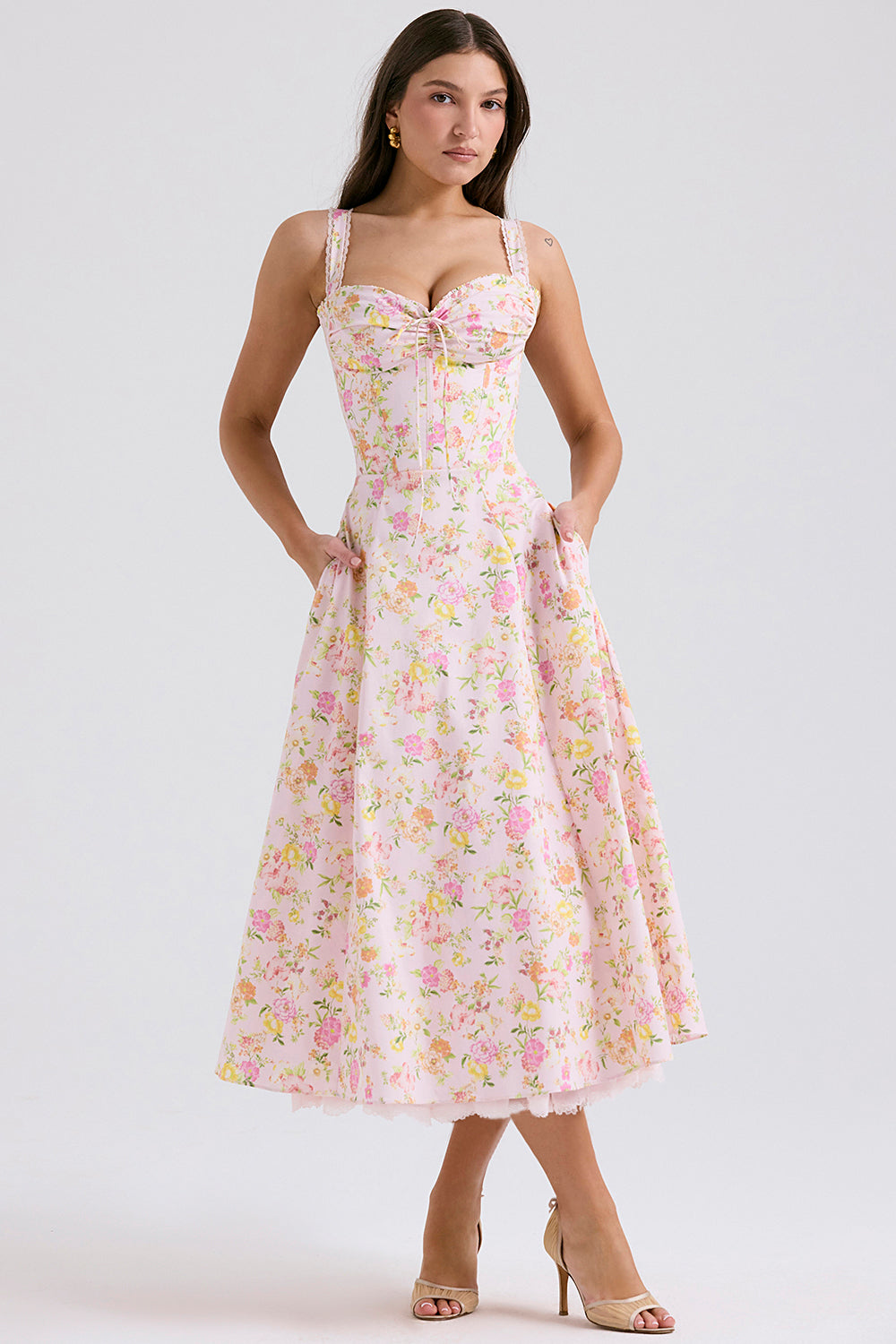 pink meadow print cotton bustier sundress