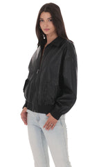 Woven Faux Leather Bomber Jacket in Black