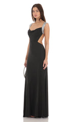 Silver Sequin Open Back Cowl Neck Dress in Black