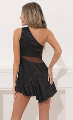 One Shoulder Mesh Cutout Dress in Black Swirl