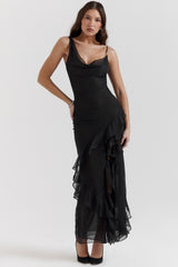 black ruffle maxi dress