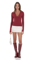 Lace V-Neck Top in Maroon