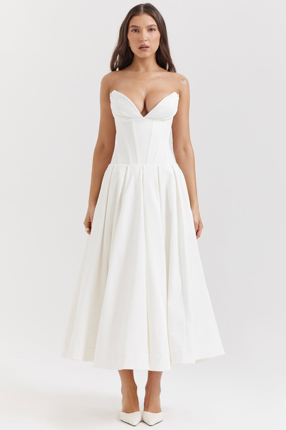 white strapless midi dress
