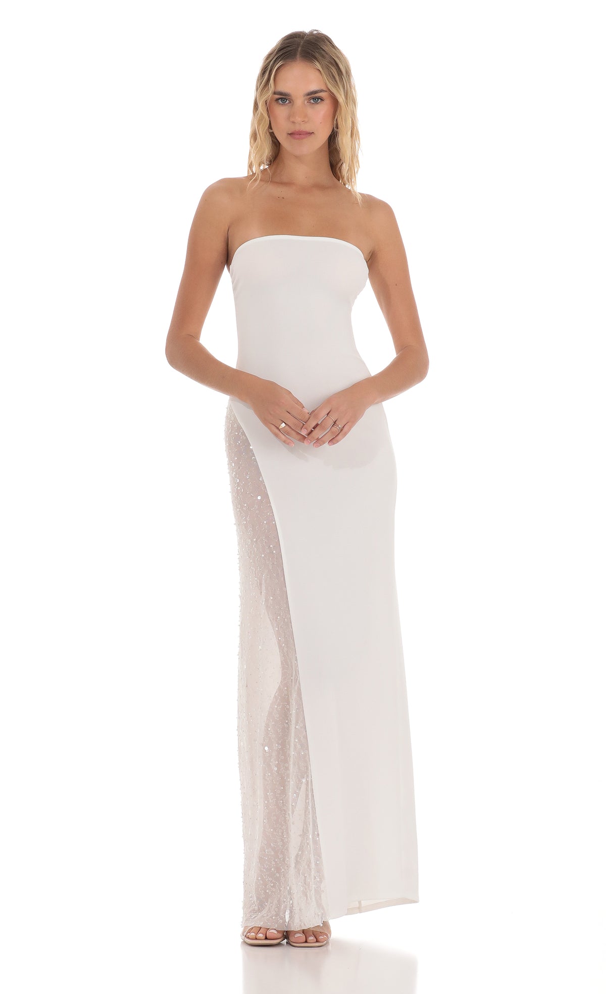 Strapless Mesh Sequin Slit in White